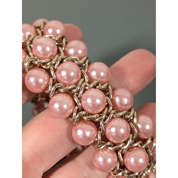 Pink Faux Pearl Woven Chain Bracelet Retro Evening Elegant 7" - Picture 4 of 7
